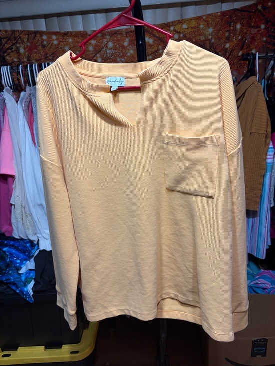 Wonderly Tops - Wonderly Pastel Orange Ribbed Split Neck Long Sleeve Top Pocket [Size]